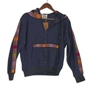 NWT RHEA Artisan Fleece Hoodie Jacket L Large Navy Blue Boho Trim Zip Up Unisex